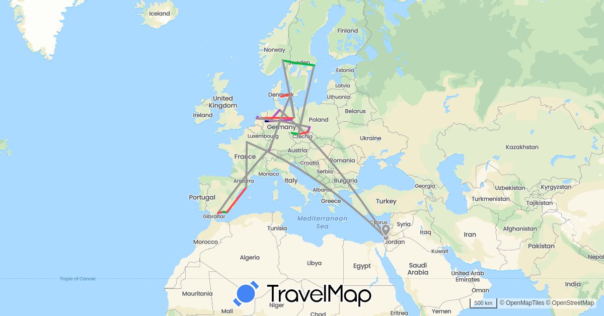 TravelMap itinerary: driving, bus, plane, train, hiking in Switzerland, Czech Republic, Germany, Denmark, Spain, France, Israel, Netherlands, Norway, Poland, Sweden (Asia, Europe)